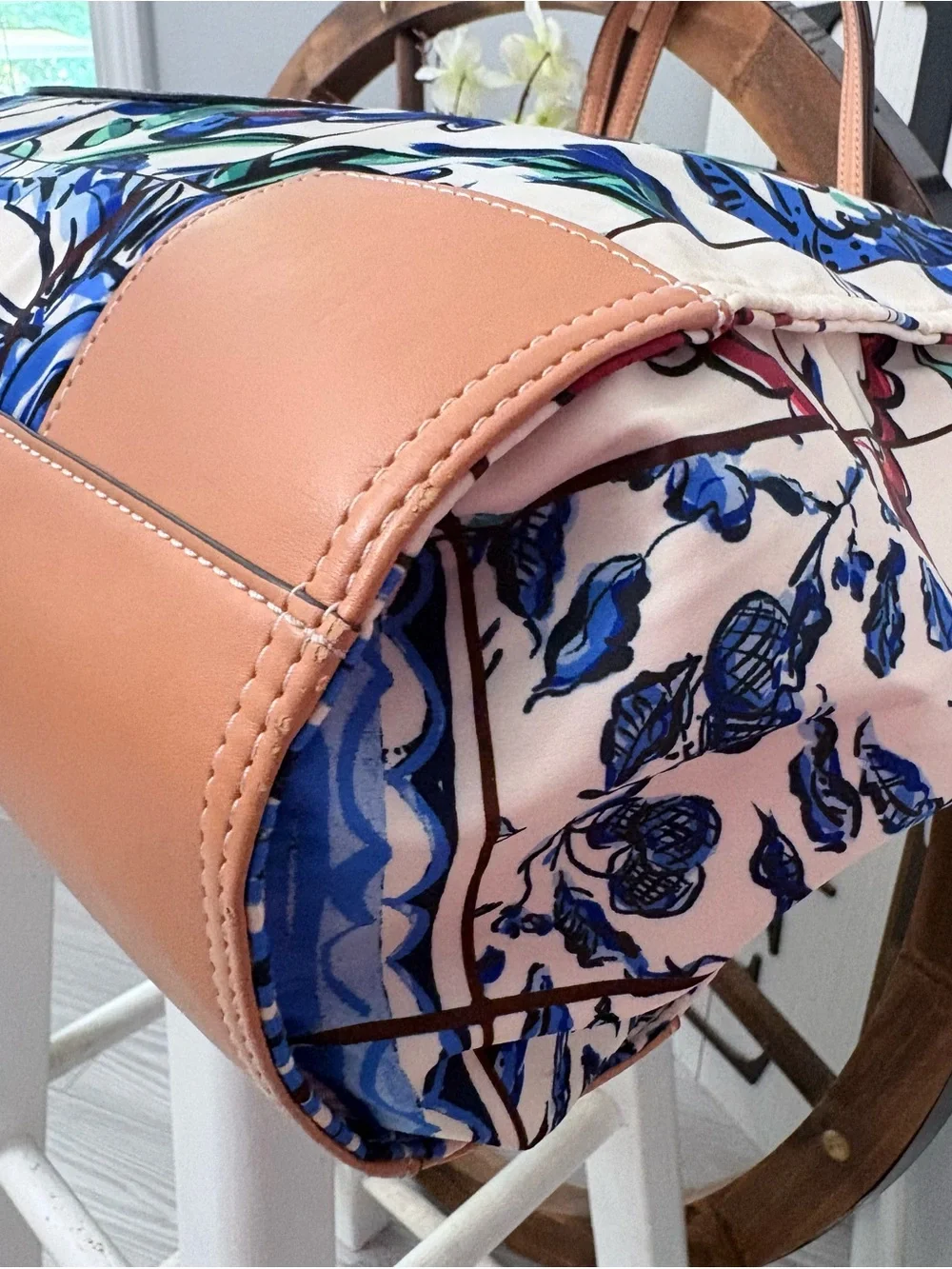 TORY BURCH Retired Blue Floral Patchwork Ella Tote with Tan Leather Details